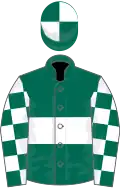 Dark green, white hoop, checked sleeves, quartered cap