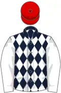 Dark blue and white diamonds, white sleeves, red cap