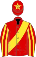 Red, yellow sash, striped sleeves and star on cap