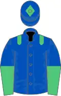Royal blue, emerald green epaulets, halved sleeves, royal blue cap, emerald green diamond