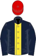 Dark blue, yellow stripe, red cap