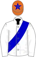 White, blue sash, orange cap, blue star