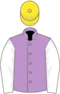 Mauve, white sleeves, yellow cap