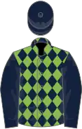 Light green and dark blue diamonds, dark blue sleeves and cap