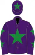 Purple, green star, stars on sleeves, purple cap, green star