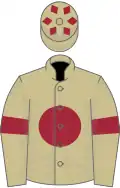 Beige, maroon disc and armlets, diamonds on cap