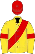 Yellow, red sash, armlets and cap