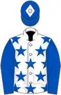 White, royal blue stars, royal blue sleeves, royal blue cap, white diamond