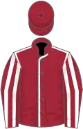Maroon, white seams, striped sleeves, maroon cap