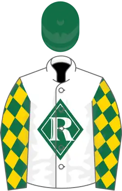 White, dark green diamond, dark green sleeves, gold diamonds, dark green cap, white visor