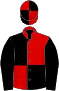 Red and black quartered, black sleeves, quartered cap