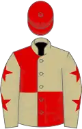 Beige and red (quartered), beige sleeves, red stars, red cap