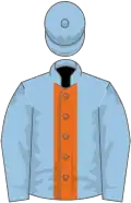 Light blue, orange panel, light blue sleeves and cap
