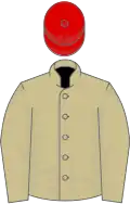 Beige, red cap