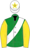 Green, white sash, yellow sleeves, white cap, yellow star