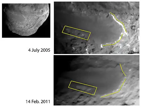 Comparison of Deep Impact and Stardust photos of a smooth elevated feature on the surface of the nucleus showing recession of icy cliffs at the margins.