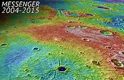 Perspective view of Caloris Basin – high (red); low (blue).
