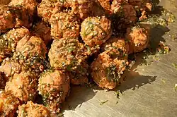 Pakora is a fried snack, popular throughout the Indian subcontinent, served in Jaipur, India.