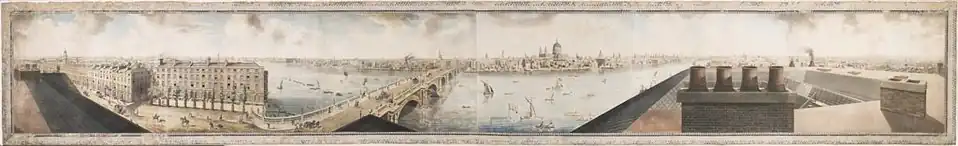 A long thin cityscape, with large white buildings on the far left, a bridge crossing the Thames with a view to St Paul's Cathedral in the middle, and chimney pots on the right