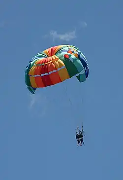 Multicolored parachute against blue sky