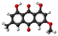 Ball-and-stick model of the parietin molecule