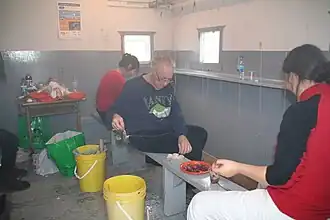 A bench faces the hole drilled in the ice