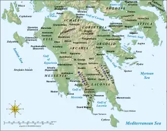 Map of the southernmost region of modern Greece
