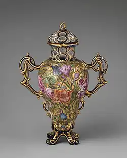Rococo – perfume vase, by the Chelsea porcelain factory, c. 1761, soft-paste porcelain and burnished gold ground, Metropolitan Museum of Art