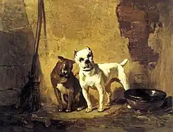 Painting of a bull-and-terrier and a white bulldog, c. 1887