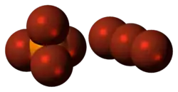 Space-filling models of the ions in phosphorus heptabromide