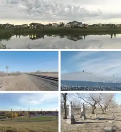From top to bottom; left to right: houses in Discovery Ridge, the CPR Mainline, the Butte Hill, a baseball diamond in Inland Park, and graves at St. George's Cemetery.