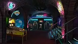 image shows a VR environment with three virtual pinball machines in various positions and more visible through two doorways; steps on the right are visible which leads to another area. A menu is partially visible on the right, and a globe is on the left in mid-distance.