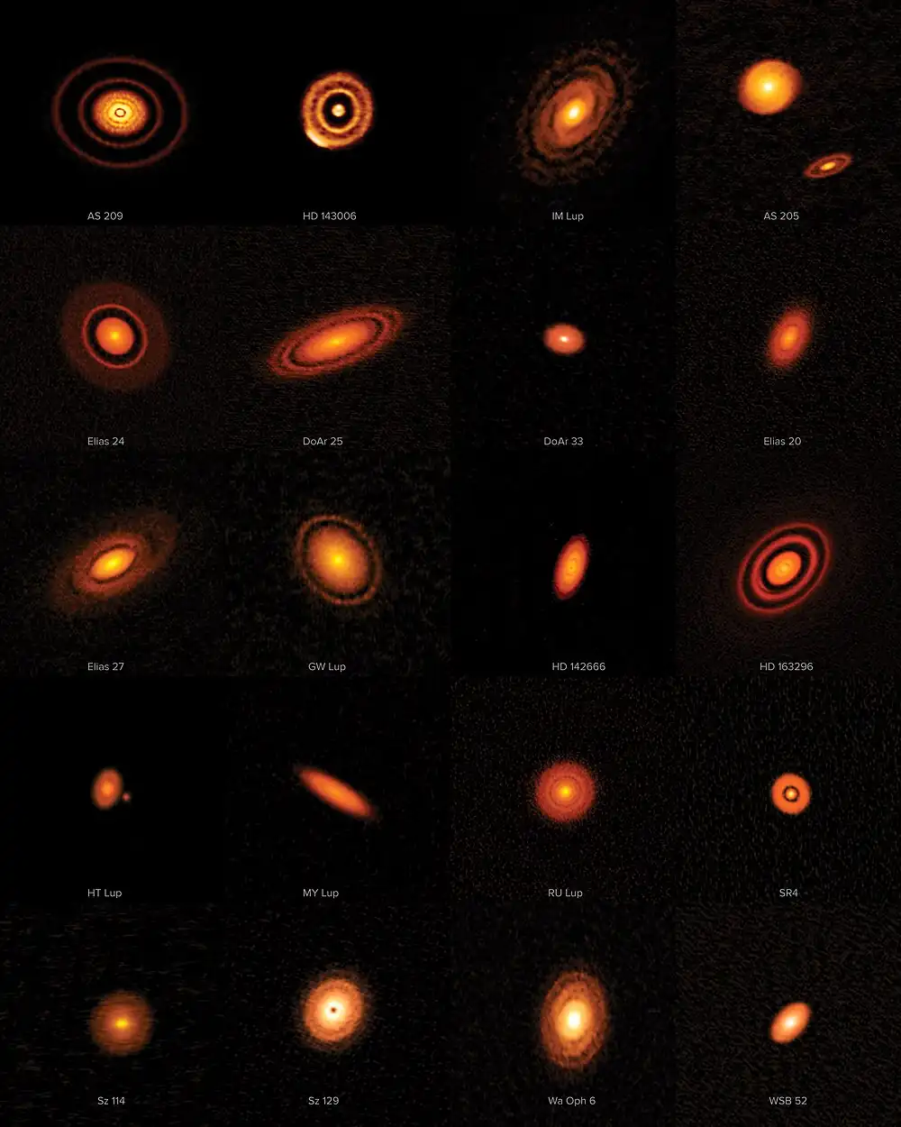 20 protoplanetary discs captured by the High Angular Resolution Project (DSHARP).[21]