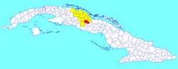 Placetas municipality (red) within Villa Clara Province (yellow) and Cuba