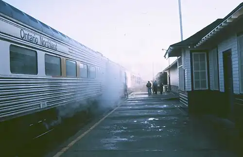 Moosonee rail station with Polar Bear Express train