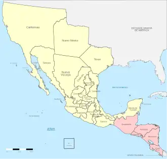 Map of Mexico in 1821, including parts of present Central America and the U.S.