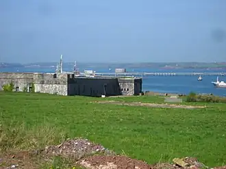 Internal view from Popton Fort, looking out towards Milford Haven with Stack Rock Fort in the centre distance