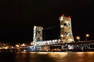 Portage Lake Lift Bridge at night