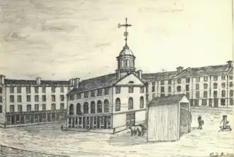 A sketch by Charles Quincy Goodhue (1902) of Market House (c. 1830), which was modified to become the first city hall