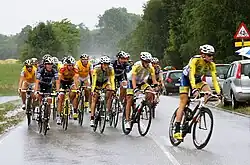 Stage 6 with Jakob Fuglsang in yellow jersey (with red on shoulders at left)