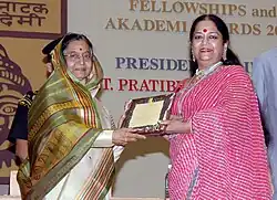Former President Pratibha Patil presenting the Sangeet Natak Akademi Award (2008) to Shashi Sankhla (right)