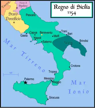Approximate area of the Principality of Taranto within the Kingdom of Sicily, c. 1154