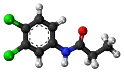 Ball and stick rendition of the propanil molecule