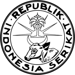 Mohammad Yamin's first proposed seal design for the United States of Indonesia, rejected, deemed too similar to the Rising Sun Flag (1949–1950)
