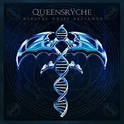 Black square with the band name "Queensryche" and album title "Digital Noise Alliance" at the top. The center of the image is a metallic-blue tri-ryche twisted to look like a DNA strad.