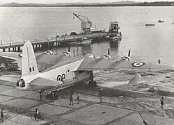 A 205 Sqn Short Sunderland Mark V ML797 "P" at the ramp of RAF Seletar. This particular airframe became the last of its type to retire from active RAF service on 30 June 1959.