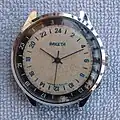 A 24-hour watch made by Russian watchmaker Raketa; the time shows 20:10 which, if on a 12-hour watch, would show 8:10 p.m.
