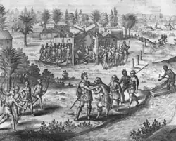 Engraving of Powhatan and natives meeting Ralph Hamor and Thomas Savage in a village