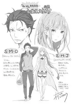 A drawing of Subaru and Emilia side by side, with close-ups of their faces positioned above them. Japanese text on either side of the image.