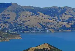 Remote view of Takapūneke (to the right of Akaroa residences)
